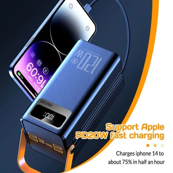 120W Power Bank, 50000mAh Compact Portable USB Fast Charging with Multiple Charging Ports & Built-in Cables and LED Ligh for Travel Camping Outdoor