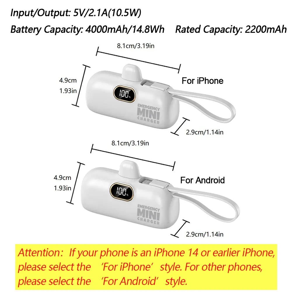 Mini Emergency Capsule Charger, LCD Display, Dual USB Ports, Compatible with iPhone Android Tablets, Portable Power Bank