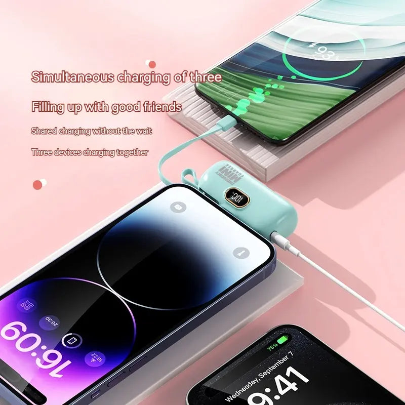 Mini Emergency Capsule Charger, LCD Display, Dual USB Ports, Compatible with iPhone Android Tablets, Portable Power Bank