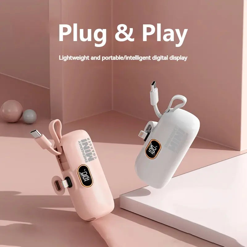 Mini Emergency Capsule Charger, LCD Display, Dual USB Ports, Compatible with iPhone Android Tablets, Portable Power Bank