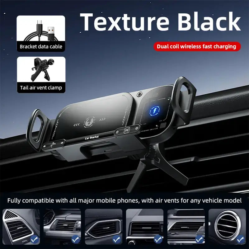 Car smartphone mount with 360-degree rotation and magnetic charging; ideal for in-car navigation; adjustable screen angle (horizontal and vertical); features a hook-mounted, non-slip design; compatible with iPhone and Android phones