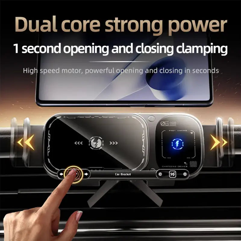 Car smartphone mount with 360-degree rotation and magnetic charging; ideal for in-car navigation; adjustable screen angle (horizontal and vertical); features a hook-mounted, non-slip design; compatible with iPhone and Android phones