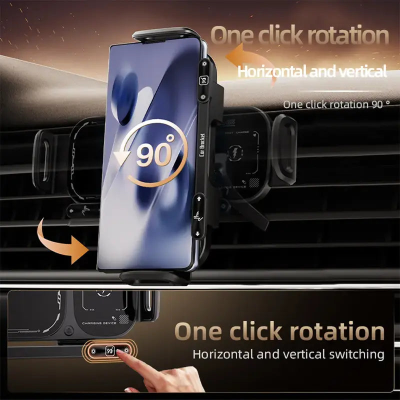 Car smartphone mount with 360-degree rotation and magnetic charging; ideal for in-car navigation; adjustable screen angle (horizontal and vertical); features a hook-mounted, non-slip design; compatible with iPhone and Android phones