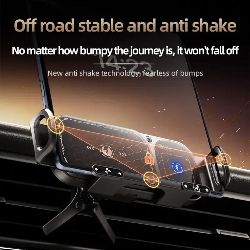 Car smartphone mount with 360-degree rotation and magnetic charging; ideal for in-car navigation; adjustable screen angle (horizontal and vertical); features a hook-mounted, non-slip design; compatible with iPhone and Android phones