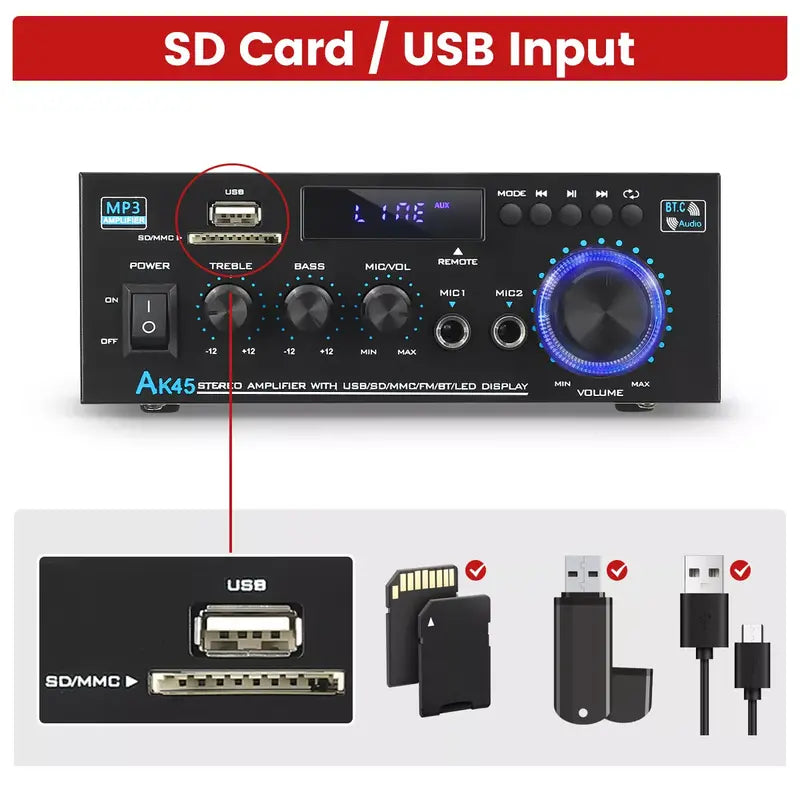 AK45 2CH Bluetooth Stereo Amplifier HIFI Audio Radio USB SD FM Car Home UK with Remote Control & Digital Display