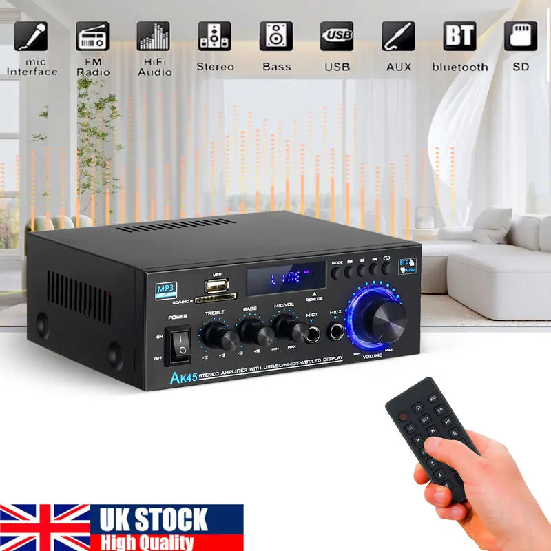 AK45 2CH Bluetooth Stereo Amplifier HIFI Audio Radio USB SD FM Car Home UK with Remote Control & Digital Display