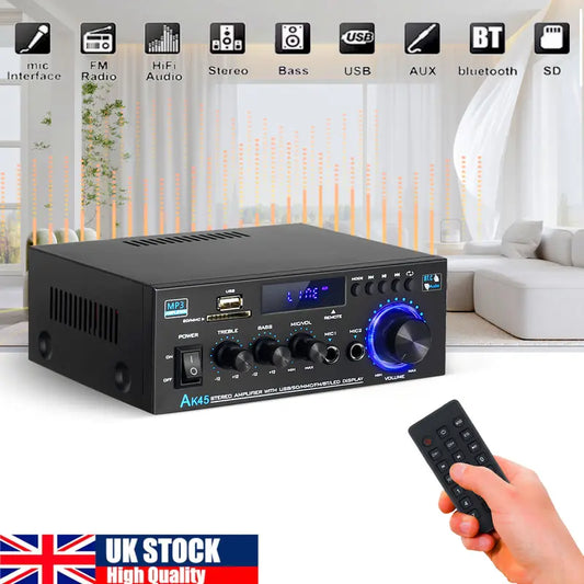AK45 2CH Bluetooth Stereo Amplifier HIFI Audio Radio USB SD FM Car Home UK with Remote Control & Digital Display