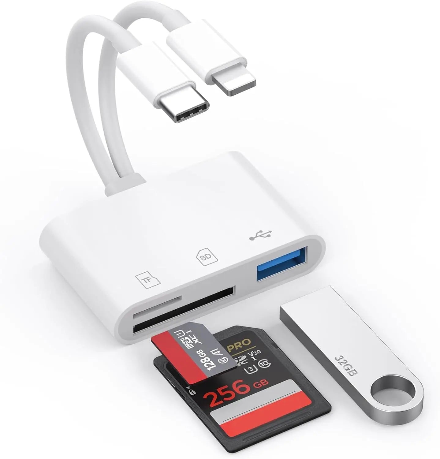 5 in 1 SD Card Reader for iPhone, iPad & Android — Dual USB C/Lightning Adapter, Supports SD/Micro SD/USB/Camera, Fast USB 3.0 Transfer, Plug & Play, No App Needed(32GB storage card option available)