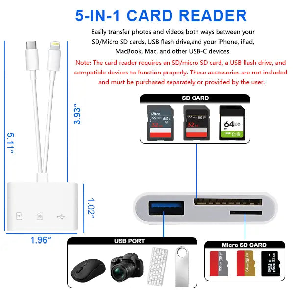 5 in 1 SD Card Reader for iPhone, iPad & Android — Dual USB C/Lightning Adapter, Supports SD/Micro SD/USB/Camera, Fast USB 3.0 Transfer, Plug & Play, No App Needed(32GB storage card option available)