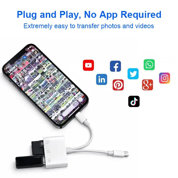 5 in 1 SD Card Reader for iPhone, iPad & Android — Dual USB C/Lightning Adapter, Supports SD/Micro SD/USB/Camera, Fast USB 3.0 Transfer, Plug & Play, No App Needed(32GB storage card option available)