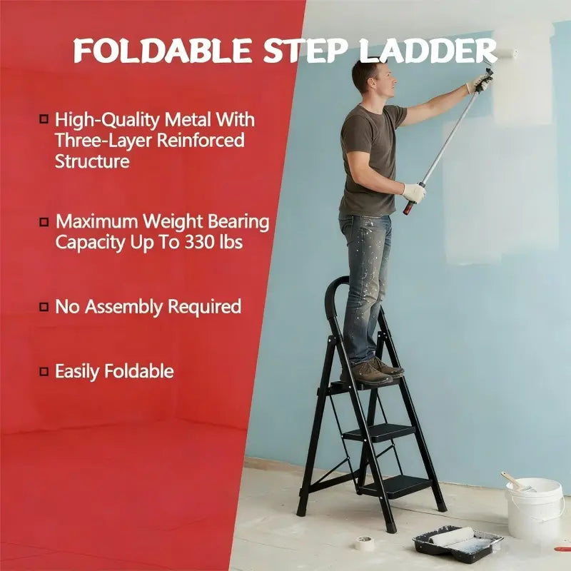 3 Step Ladder Folding, Step Stools for Adults with Wide Anti-Slip Pedals, Heavy Duty Portable Multi-Purpose Ladders for Home, Kitchen, Household